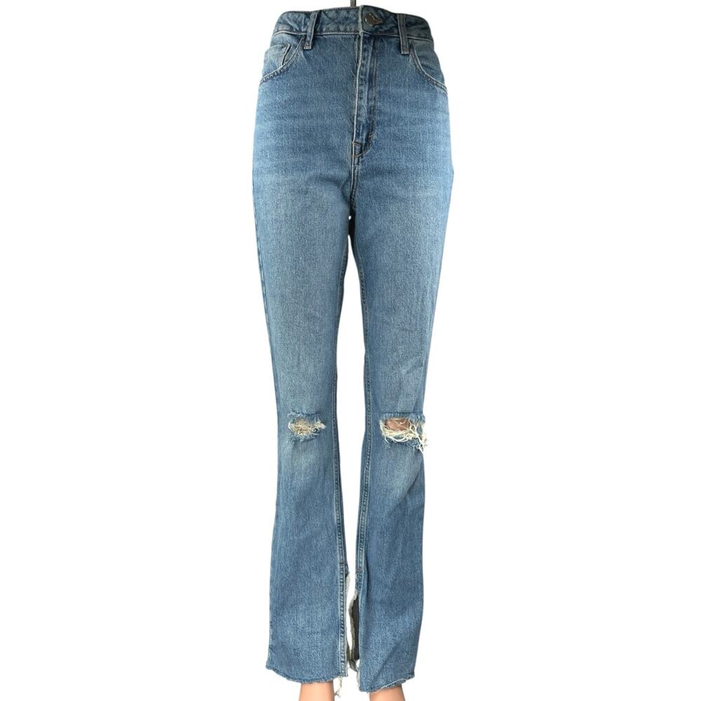 Zara Blue Distressed Frayed Hem High Waist Flared Bootcut Denim Jeans Pants 6